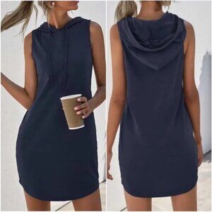Cozy Navy Minimalist Sleeveless Hoodie Casual Dress